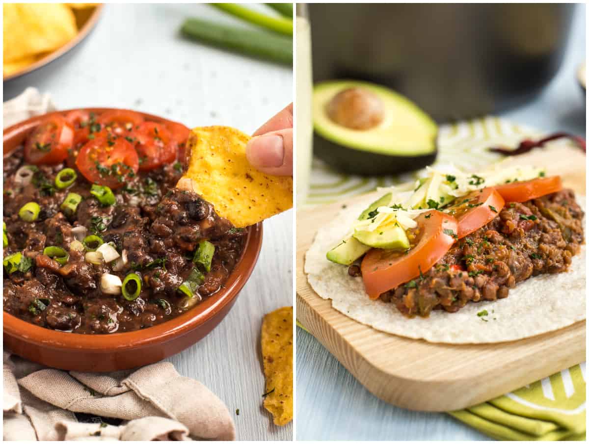 Black bean dip and lentil quinoa tacos.