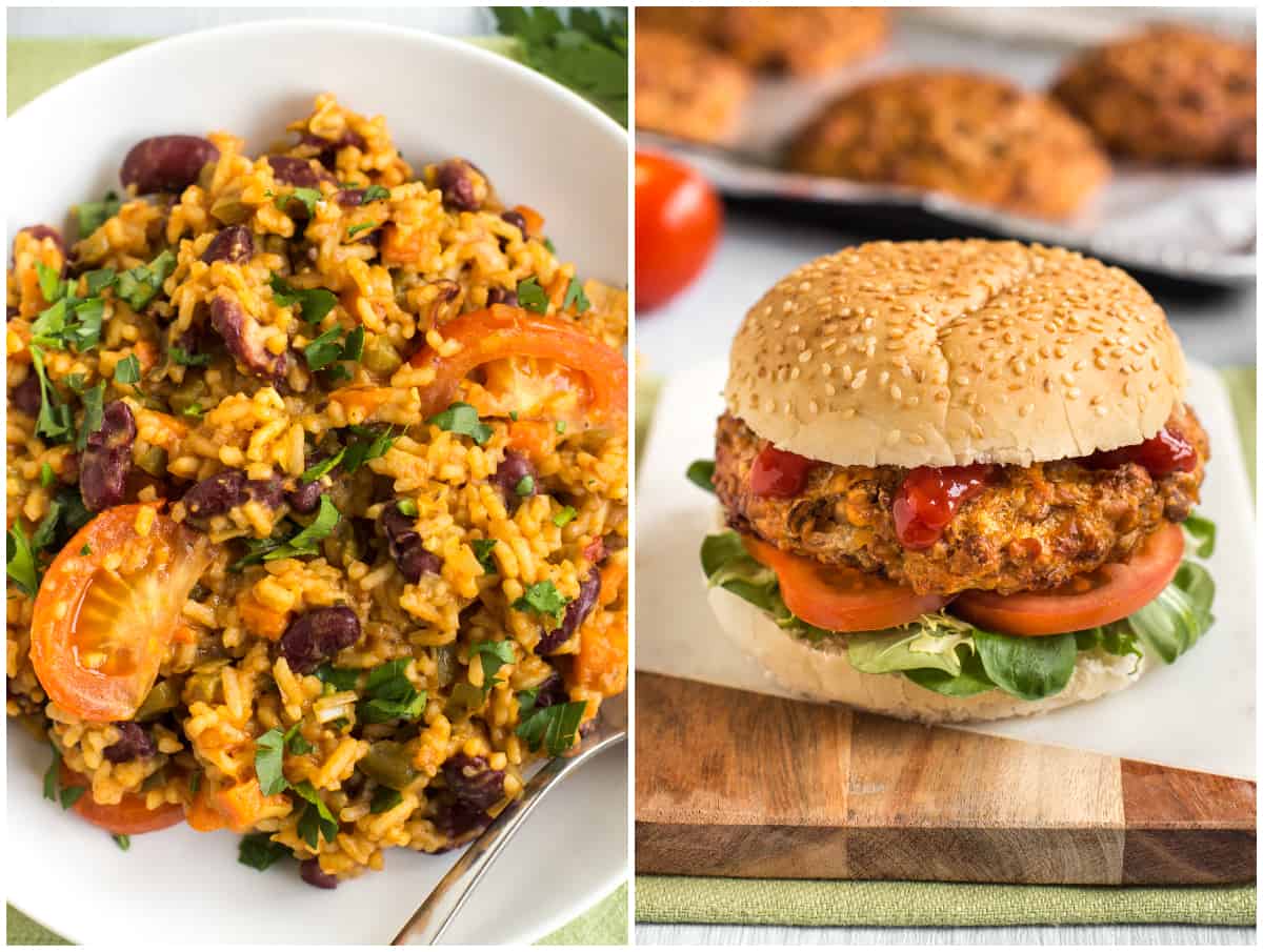 Vegan jambalaya and cheesy lentil burgers.