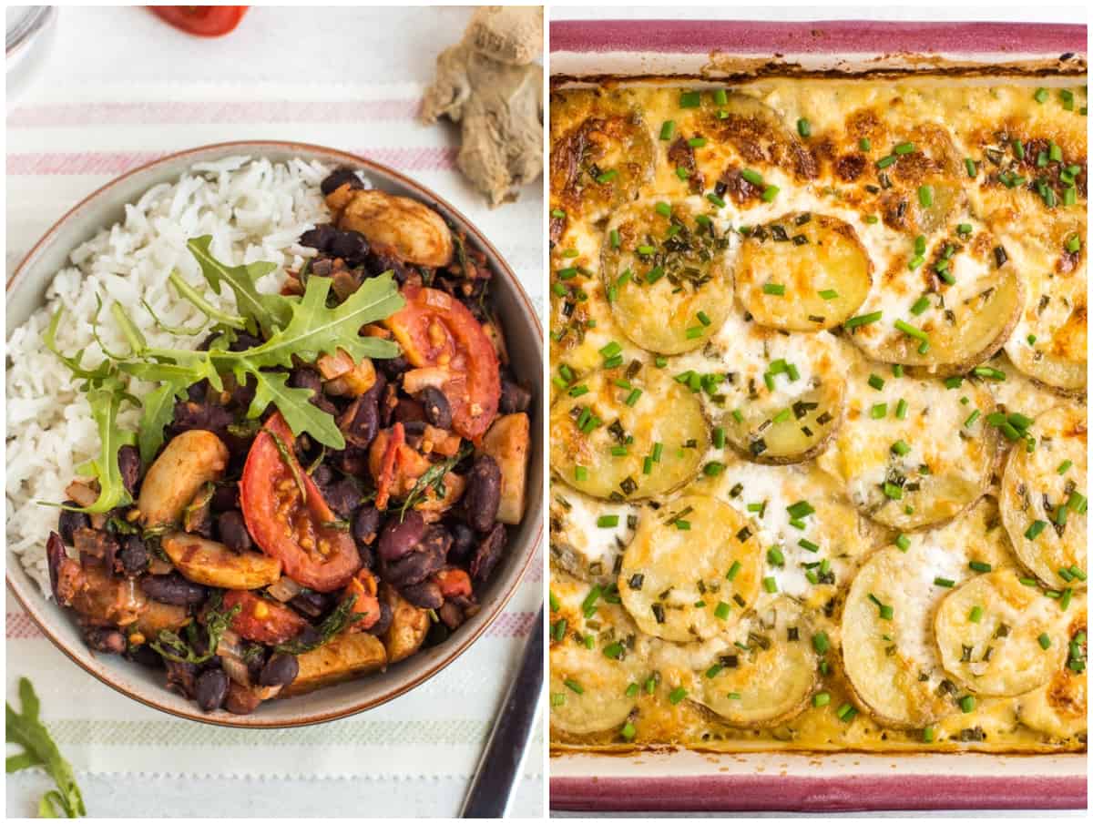 Bean stew and cheesy potato gratin.