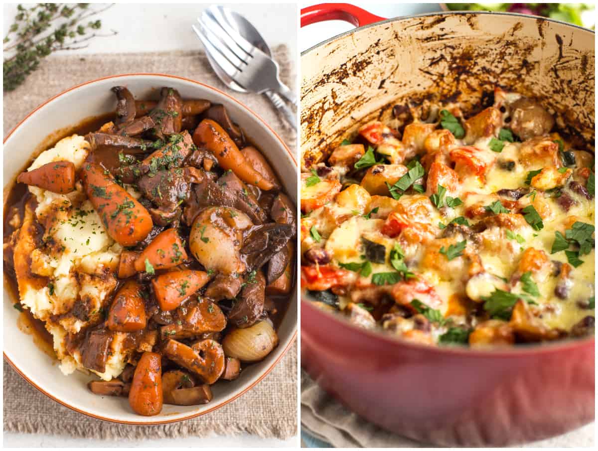 Mushroom bourguignon and Mexican bean and potato bake.