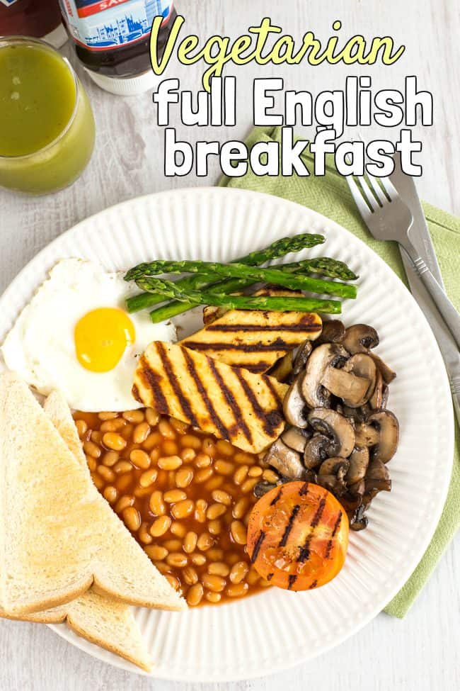 Vegetarian full English breakfast - who said a fry up is just for the meat-eaters?! Add grilled halloumi and asparagus for a tasty vegetarian full English breakfast.