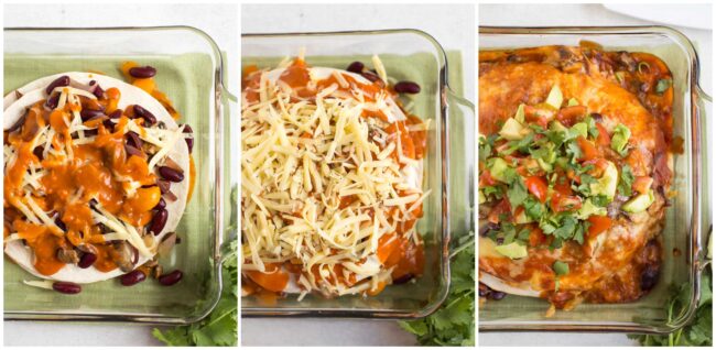 Collage showing veggie enchilada stack being constructed