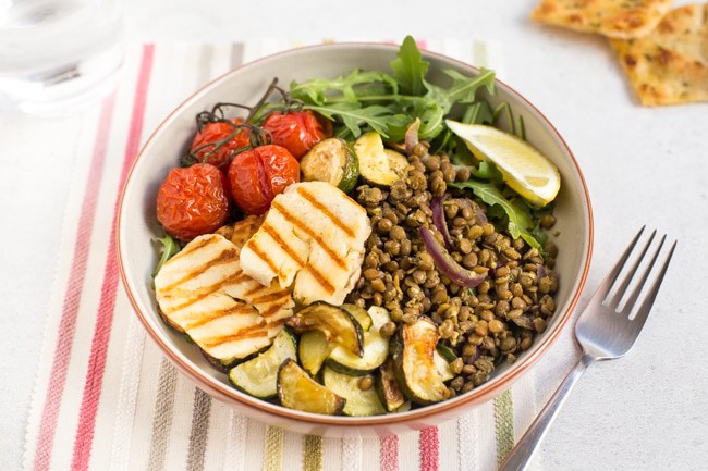 Warm lentil and halloumi salad.