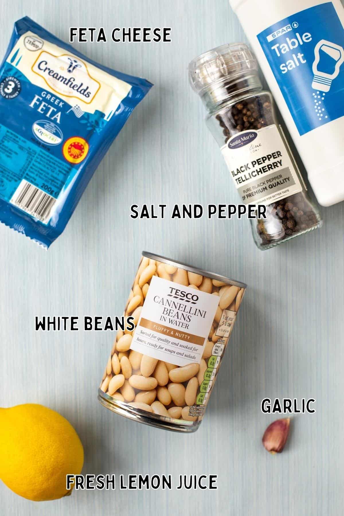 Ingredients for white bean hummus with feta and lemon.