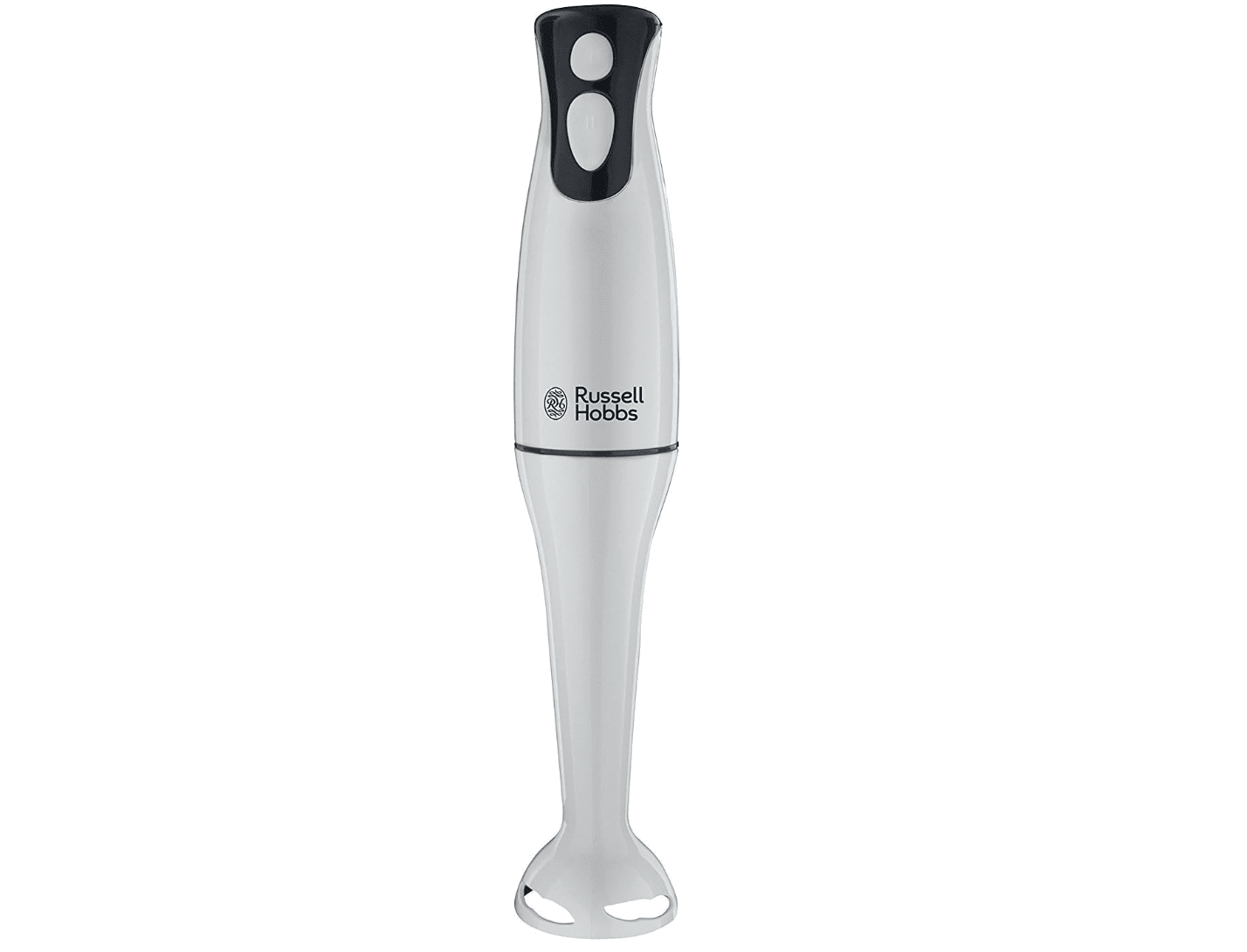 A white hand blender.