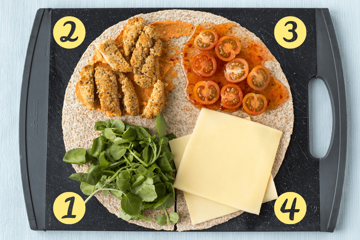 A tortilla topped with 4 different toppings in 4 quadrants.