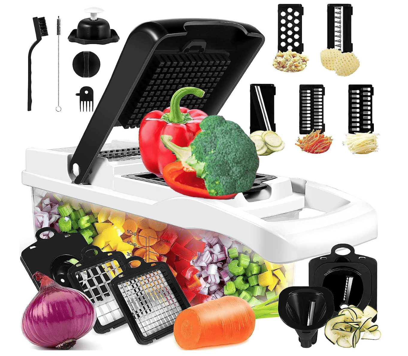 Vegetable chopper with different attachments.